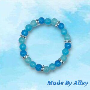 Handmade Blue Gradient 8mm Glass Beaded Bracelet with Blue Rhinestone Spacers